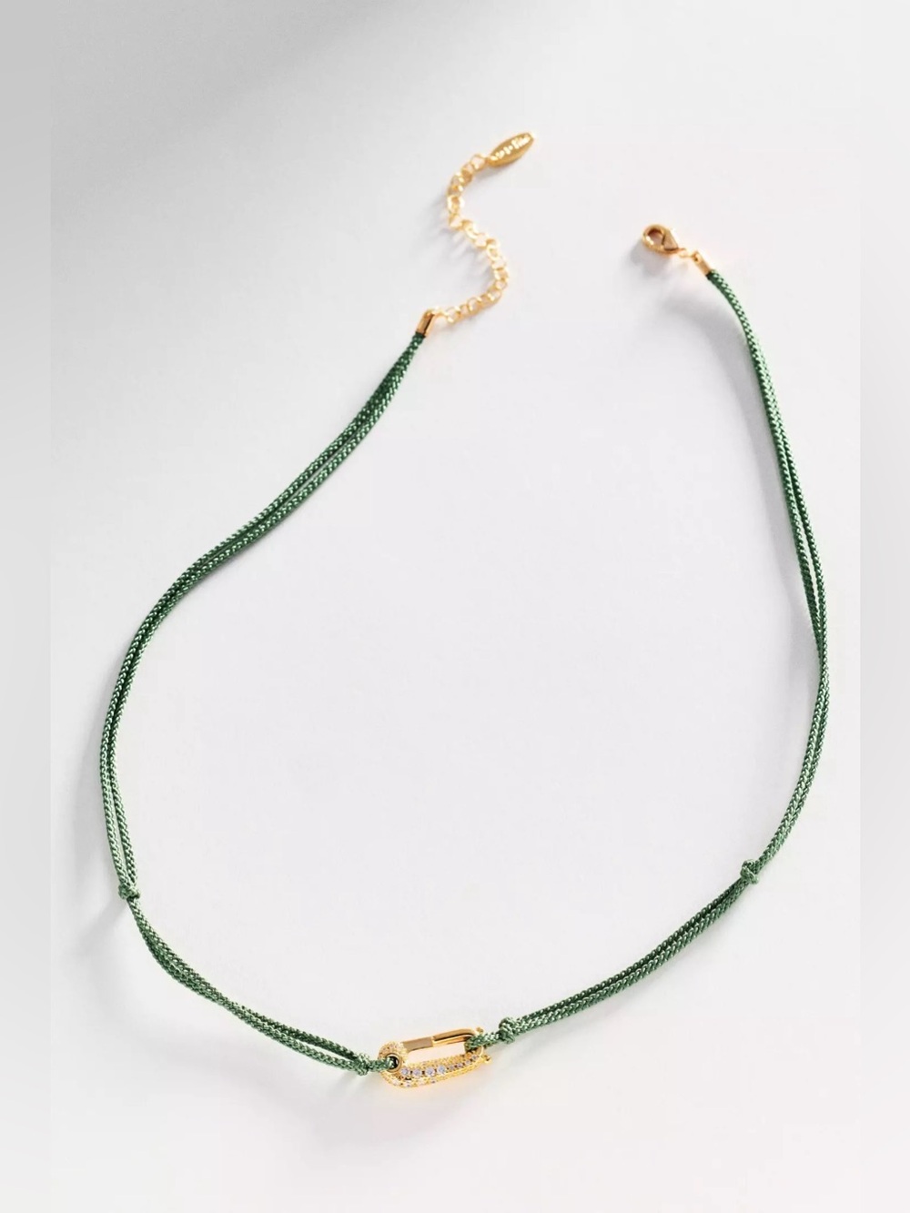Anthropologie Green Cord Necklace with Gold Pave Safety Pin Charm